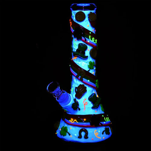 Rainbows and Gold Glow in the Dark Beaker Water Pipe - 10IN - 14mm F